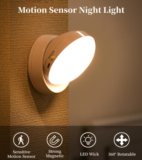 Rechargeable Night Light, 360° Rotating Mini Motion Sensor LED Light